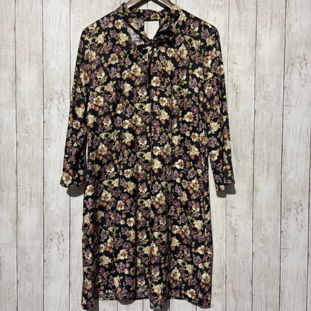 Du Jour 12 Floral Shift Dress Women Navy Blue Excellent‎ Tie Neck Bell Sleeve